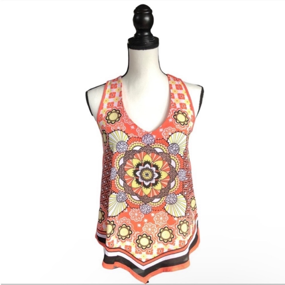 HeartSoul Mandala Print Handkerchief Hem Tank Top Coral Racerback New Age Yoga S